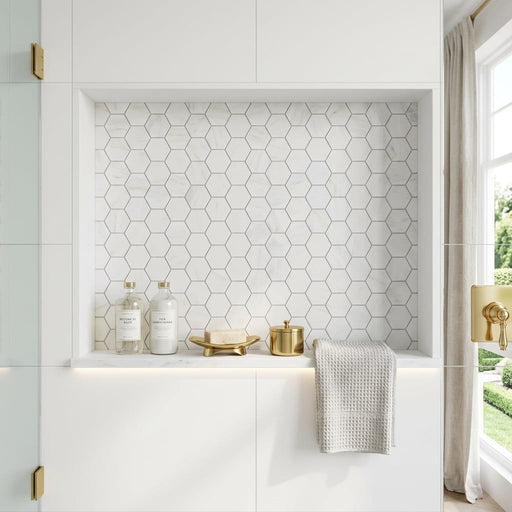 Oriental White (Asian Statuary) Marble 2x2 Honed Hexagon Mosaic — Bathroom niche