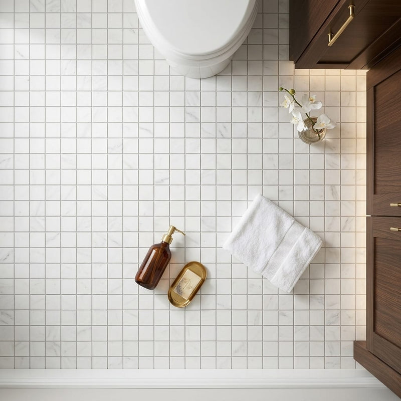 Oriental White (Asian Statuary) Marble 2x2 Honed Mosaic — Bathroom floor