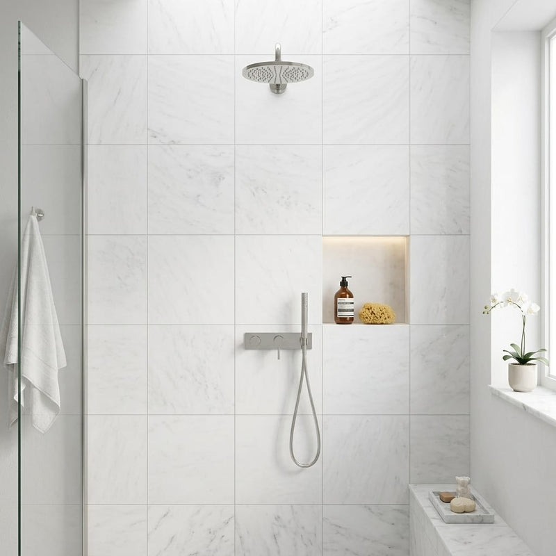 Oriental White (Asian Statuary) Marble 24x24 Honed Tile — Bathroom shower wall