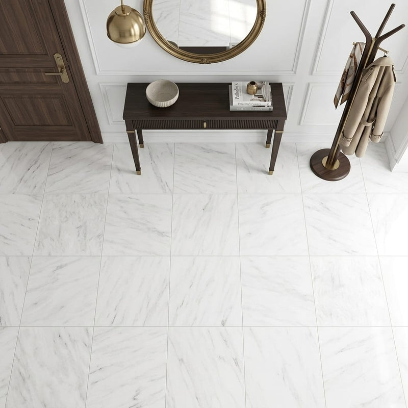 Oriental White (Asian Statuary) Marble 24x24 Honed Tile — Foyer floor