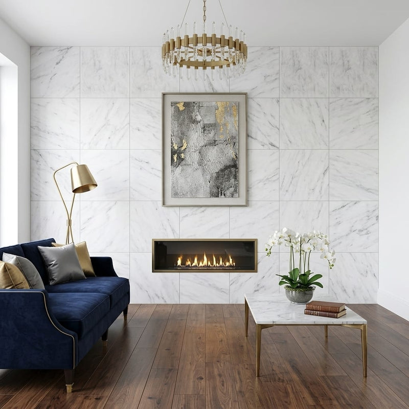 Oriental White (Asian Statuary) Marble 24x24 Honed Tile — Living Room feature wall