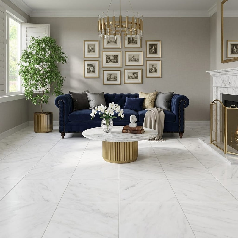 Oriental White (Asian Statuary) Marble 24x24 Honed Tile — Living Room floor