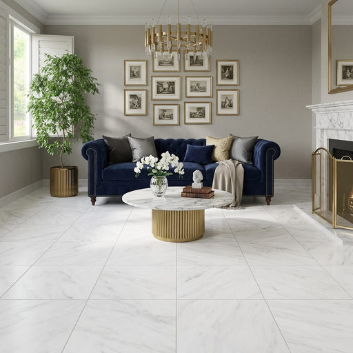 Oriental White (Asian Statuary) Marble 24x24 Honed Tile — Living Room floor