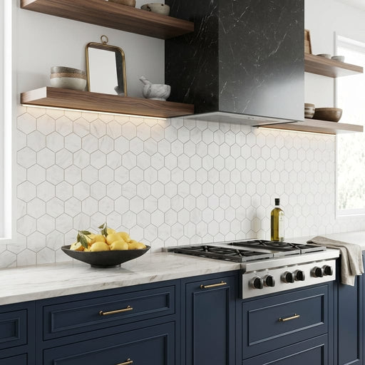 Oriental White (Asian Statuary) Marble 3x3 Honed Hexagon Mosaic — Kitchen backsplash