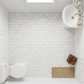 Oriental White (Asian Statuary) Marble 3x3 Honed Hexagon Mosaic — Powder Room floor