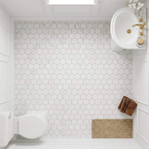 Oriental White (Asian Statuary) Marble 3x3 Honed Hexagon Mosaic — Powder Room floor