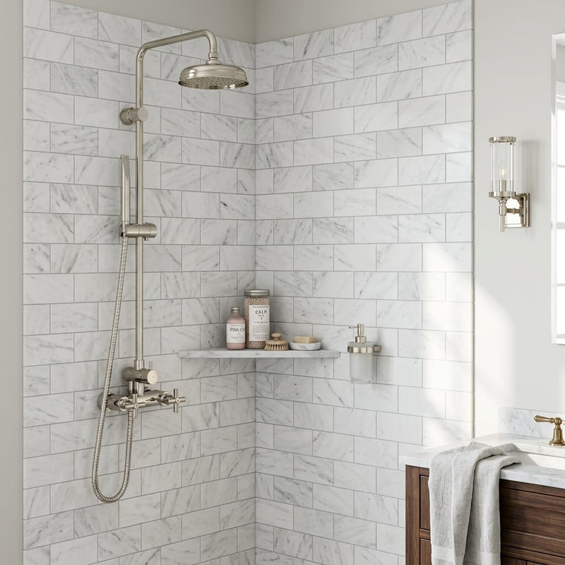Oriental White (Asian Statuary) Marble 3x6 Honed Tile — Bathroom shower wall