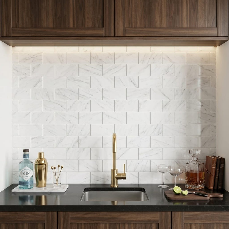 Oriental White (Asian Statuary) Marble 3x6 Honed Tile — Wet Bar backsplash