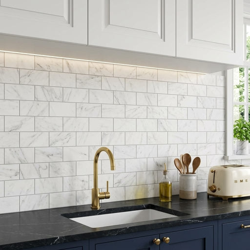 Oriental White (Asian Statuary) Marble 3x6 Honed Tile — Kitchen backsplash