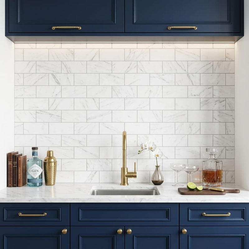 Oriental White (Asian Statuary) Marble 3x6 Honed Tile — Wet Bar backsplash