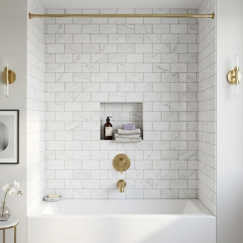 Oriental White (Asian Statuary) Marble 3x6 Tumbled Tile — Bathroom tub surround