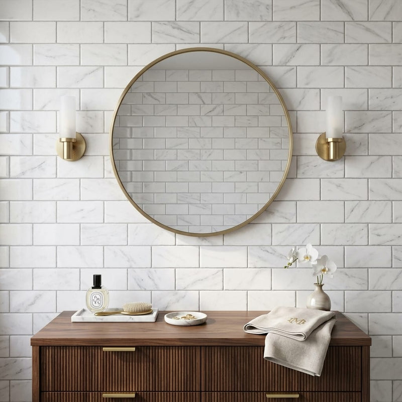 Oriental White (Asian Statuary) Marble 3x6 Tumbled Tile — Bathroom wall