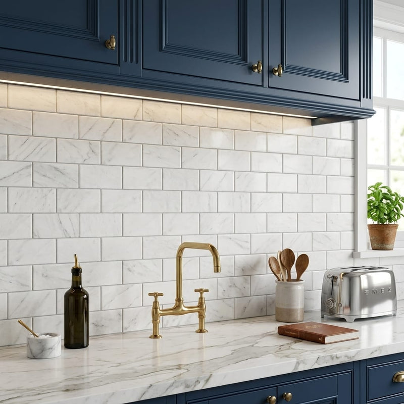 Oriental White (Asian Statuary) Marble 3x6 Tumbled Tile — Kitchen backsplash