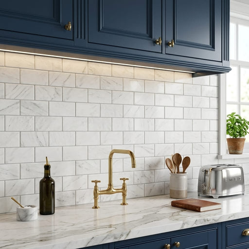 Oriental White (Asian Statuary) Marble 3x6 Tumbled Tile — Kitchen backsplash
