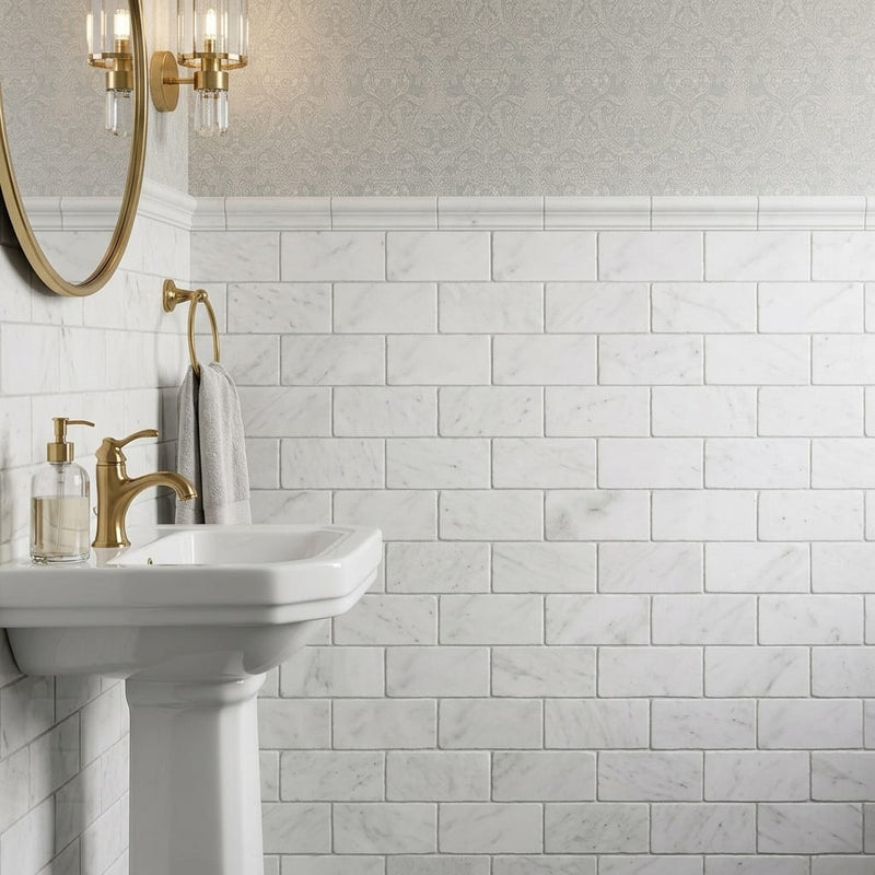 Oriental White (Asian Statuary) Marble 3x6 Tumbled Tile — Powder Room wainscot