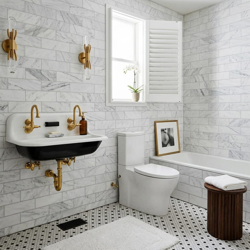 Oriental White (Asian Statuary) Marble 4x12 Honed Tile — Bathroom wall