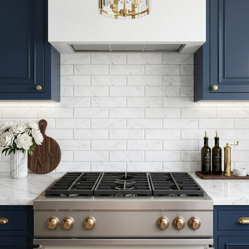 Oriental White (Asian Statuary) Marble 4x12 Honed Tile — Kitchen backsplash