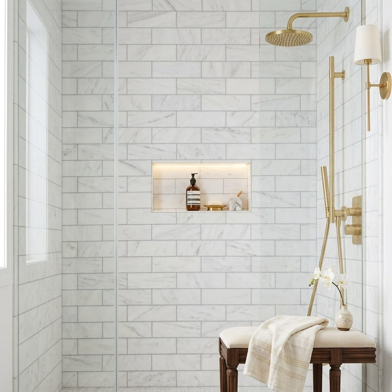 Oriental White (Asian Statuary) Marble 4x12 Honed Tile — Bathroom shower wall