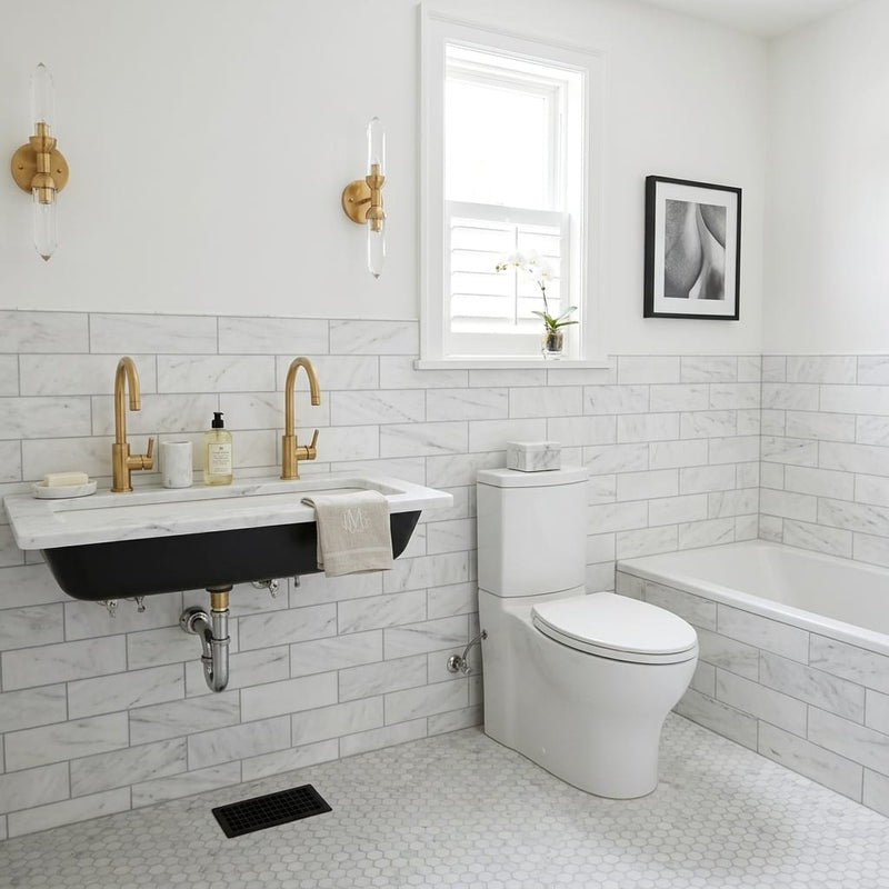 Oriental White (Asian Statuary) Marble 4x12 Honed Tile — Bathroom wall