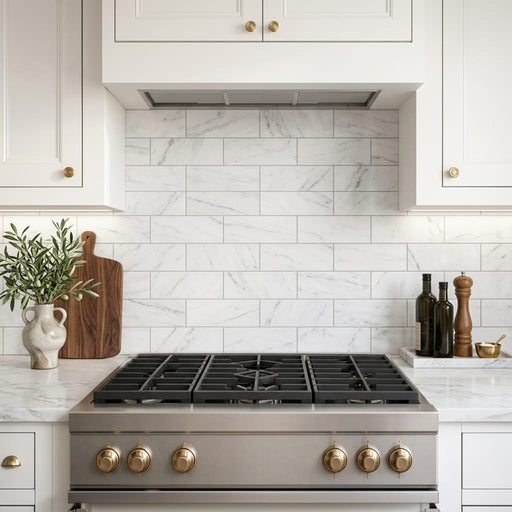 Oriental White (Asian Statuary) Marble 4x12 Honed Tile — Kitchen backsplash