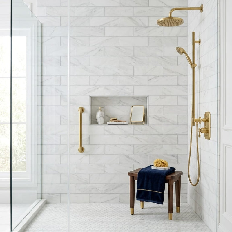 Oriental White (Asian Statuary) Marble 4x12 Honed Tile — Bathroom shower wall