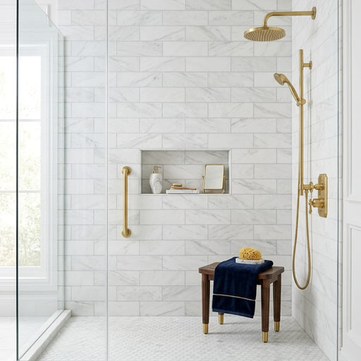 Oriental White (Asian Statuary) Marble 4x12 Honed Tile — Bathroom shower wall