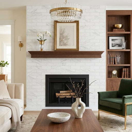 Oriental White (Asian Statuary) Marble 4x12 Honed Tile — Living Room fireplace surround