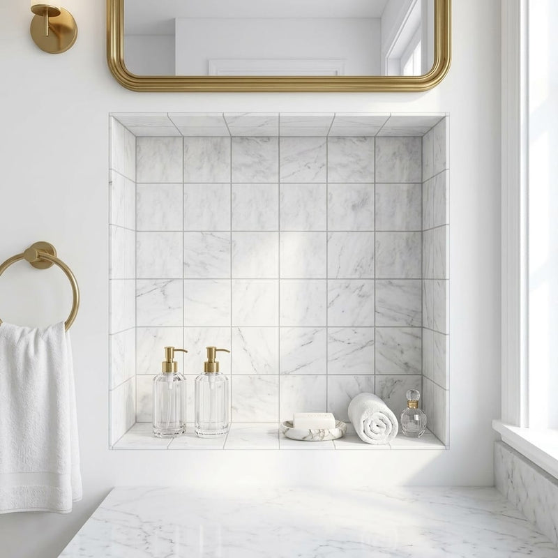 Oriental White (Asian Statuary) Marble 4x4 Honed Tile — Bathroom niche