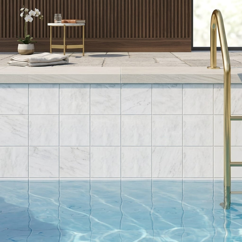 Oriental White (Asian Statuary) Marble 4x4 Honed Tile — Swimming Pool waterline