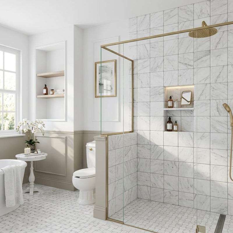 Oriental White (Asian Statuary) Marble 4x4 Tumbled Tile — Bathroom shower wall accent band