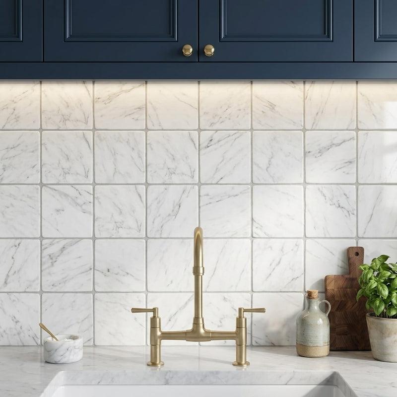 Oriental White (Asian Statuary) Marble 4x4 Tumbled Tile — Kitchen backsplash