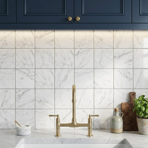 Oriental White (Asian Statuary) Marble 4x4 Tumbled Tile — Kitchen backsplash