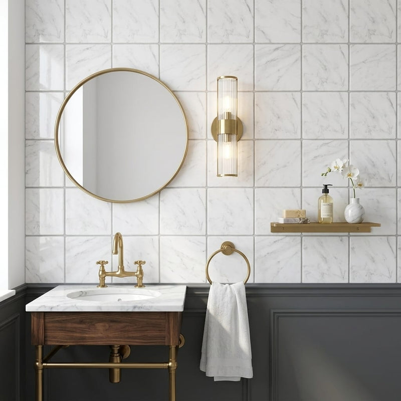 Oriental White (Asian Statuary) Marble 4x4 Tumbled Tile — Powder Room wall