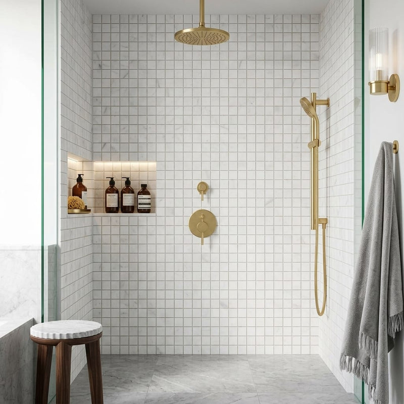 Oriental White (Asian Statuary) Marble 5/8x5/8 Honed Mosaic — Bathroom shower wall