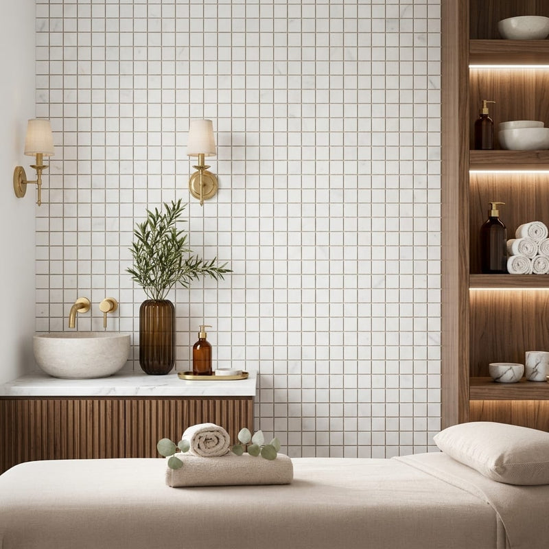 Oriental White (Asian Statuary) Marble 5/8x5/8 Honed Mosaic — Spa spa interior