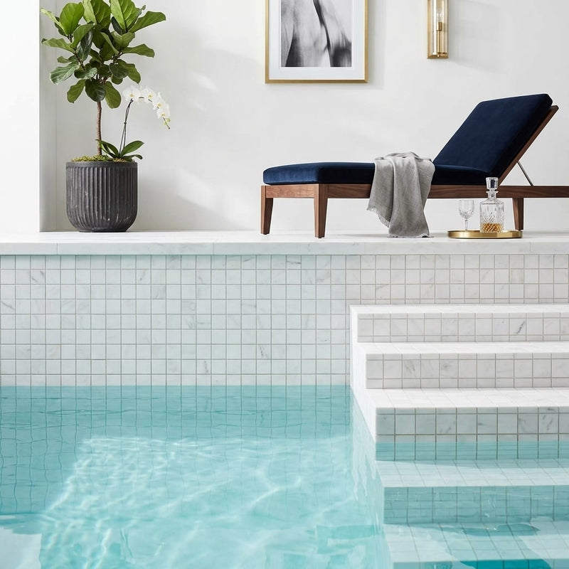 Oriental White (Asian Statuary) Marble 5/8x5/8 Honed Mosaic — Swimming Pool pool interior tiling