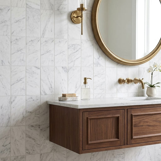 Oriental White (Asian Statuary) Marble 6x12 Honed Tile — Bathroom wall