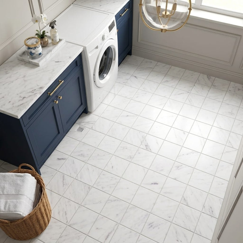Oriental White (Asian Statuary) Marble 6x6 Honed Tile — Laundry Room floor