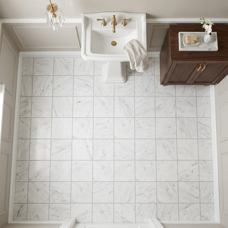 Oriental White (Asian Statuary) Marble 6x6 Honed Tile — Powder Room floor