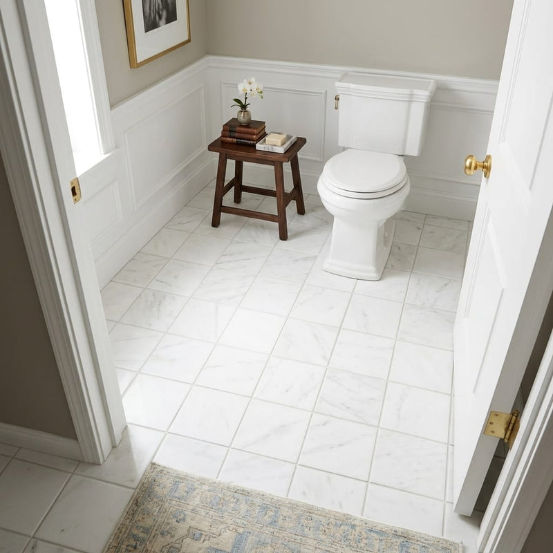 Oriental White (Asian Statuary) Marble 6x6 Tumbled Tile — Bathroom floor