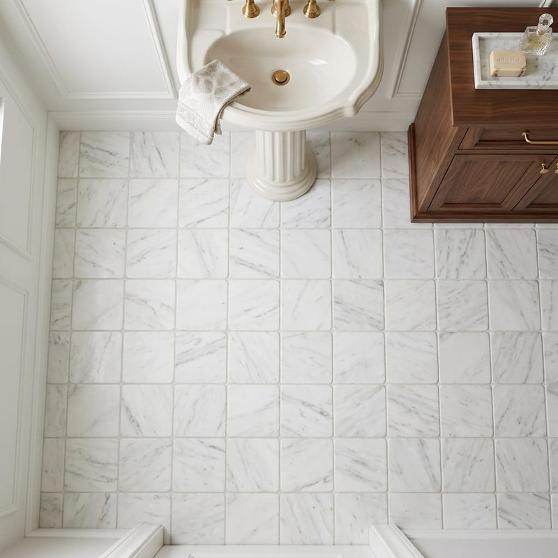 Oriental White (Asian Statuary) Marble 6x6 Tumbled Tile — Powder Room floor