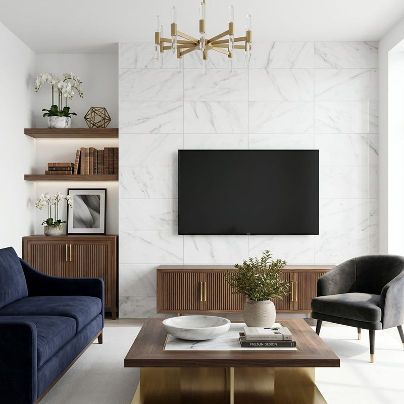 Oriental White Marble Tile 12x24 Honed — Living Room feature wall