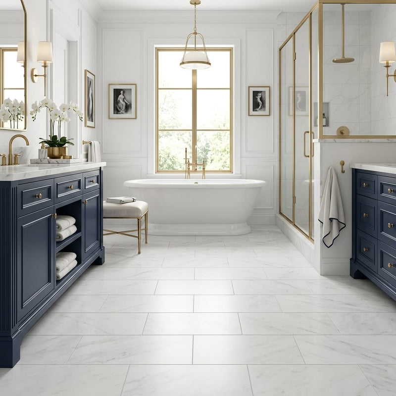 Oriental White Marble Tile 12x24 Honed — Primary Bath floor