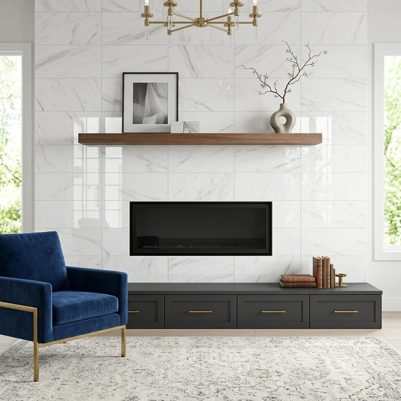 Oriental White Marble Tile 12x24 Polished — Living Room fireplace surround