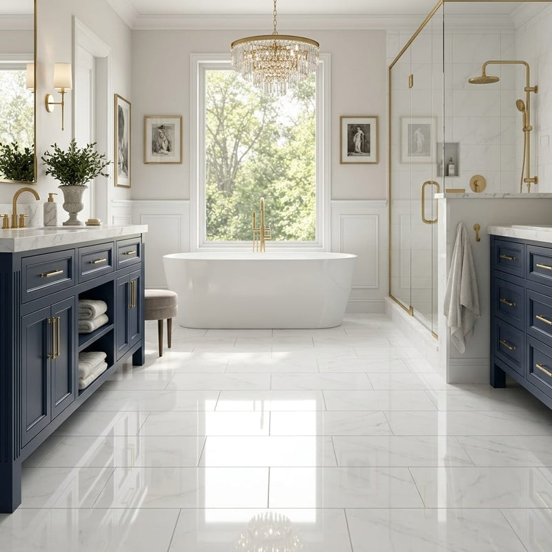 Oriental White Marble Tile 12x24 Polished — Primary Bath floor
