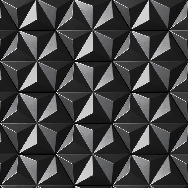 Origami Nero 9x10.5 matte black ceramic hexagon tiles with a faceted origami relief pattern.