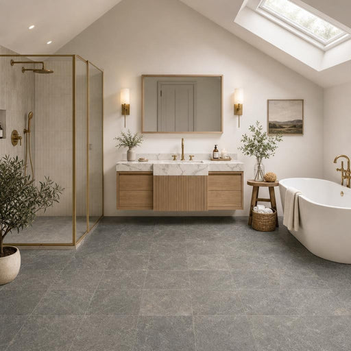 Ostrich Grey 12x12 Gauged Quartzite Tile — Bathroom floor