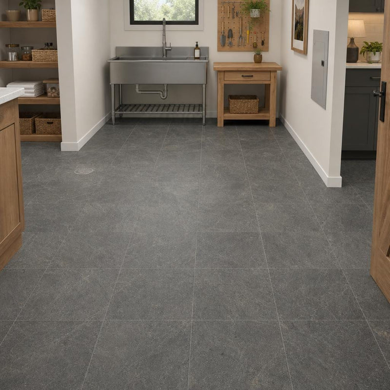 Ostrich Grey 12x12 Honed Quartzite Tile — Basement floor