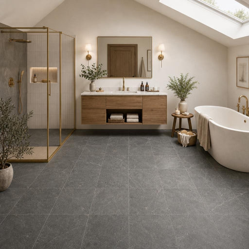 Ostrich Grey 12x12 Honed Quartzite Tile — Bathroom floor