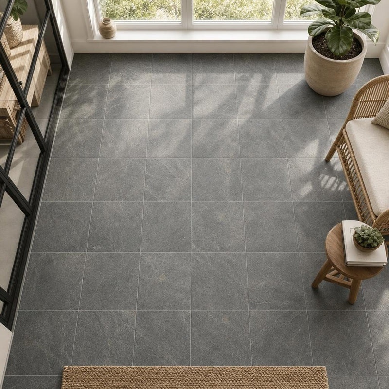 Ostrich Grey 12x12 Honed Quartzite Tile — Sunroom floor